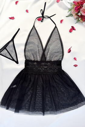 Black Double Tulle Nightgown Set