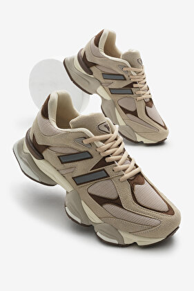 Unisex Bej Poli Taban Anorak Desenli Yüksek Taban Bağcıklı Spor Ayakkabı