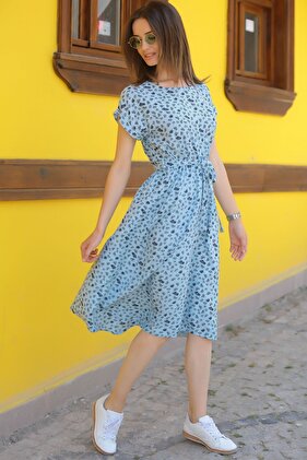 Women's Baby Blue Patterned Elastic Waist Tie Dress ARM-18Y001121