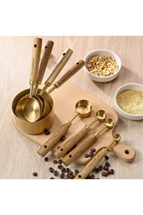 8 قطع 4/8 قطع من أكواب القياس المصنوعة من الفولاذ المقاوم للصدأ بمقبض خشبي وملاعق وأدوات الخبز وملعقة قياس القهوة