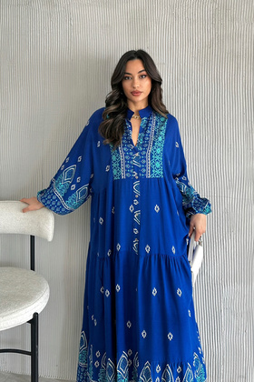 فستان 100% من الفسكوز البوهيمي Alaçatı فستان فيسكوز منقوش بأزرار فستان مناسب للحجاب