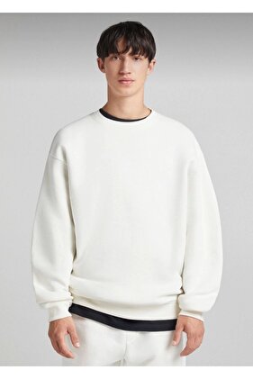BN-7199 Unisex Beyaz Pamuklu Bisiklet Yaka Oversize basic Sweatshirt