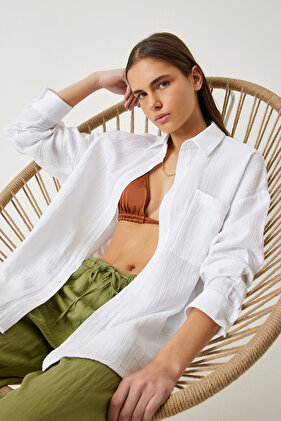 قميص موسلين أبيض كبير الحجم - Lmx0002