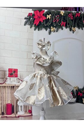 فستان بناتي مكشكش بكتف واحد باللون الأخضر الكريمي