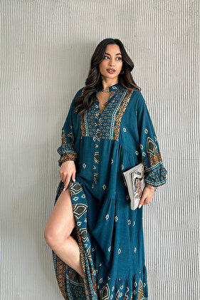 فستان 100% من الفسكوز البوهيمي Alaçatı فستان فيسكوز منقوش بأزرار فستان مناسب للحجاب