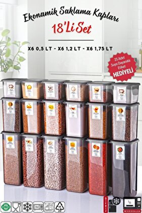 Etiketli 18'li Antrasit Ekonomik Kırılmaz Saklama Kabı Seti x6 - 1,75/1,2/0,5 Lt