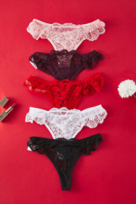 Többszínű 5 csomagos tüll csipke részletes tanga kötött bugyi THMSS25KU00037