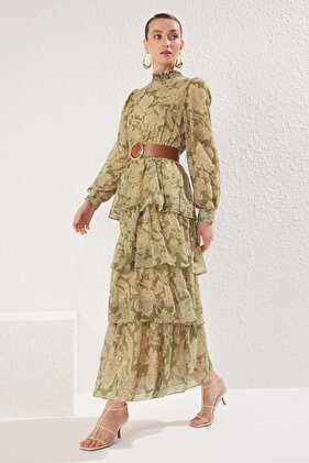 Green Stand Collar Print Belted Lined Chiffon Woven Dress Tctss25Eb00062