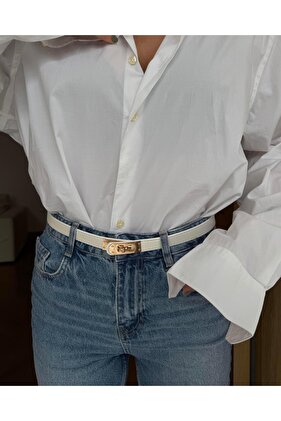2cm White Stitched Belt with Gold Lock Buckle