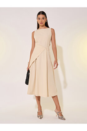 فستان ميدي ملفوف بدون أكمام بفتحة رقبة على شكل قارب