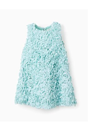 فستان من التول المزهر مع تطريزات للبنات الصغيرات، باللون الأخضر المائي