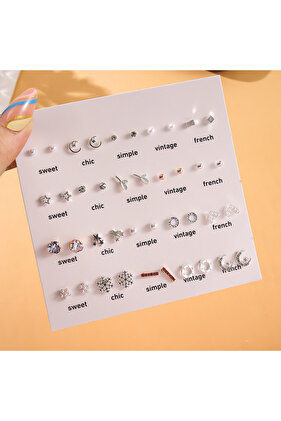 E0049-1 Cross-border Simple 20 Pairs of White Pearl Mini Stud Earrings Set, Hollow Love Heart Snowfl