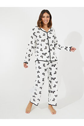 Bowknot Print Long Sleeve Shirt & Pyjama Set