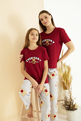 Burgundy Patterned Cotton Crew Neck Knitted Pajama Set 25107132