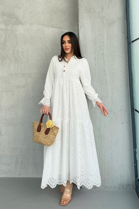 100% Viscose Bohemian Alaçatı Dress Collar Tie Patterned Viscose Lace Dress Suitable for Hijab