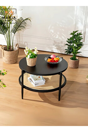 طاولة قهوة خشبية دائرية مع رف من الخيزران - تصميم مدمج وأنيق لغرف المعيشة 80 سم 45 سم