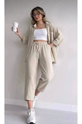 Women's Grass Detailed Shirt Pants Linen Suit