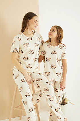 Ecru Teddy Bear Patterned Cotton Crew Neck Knitted Pajama Set 25107141