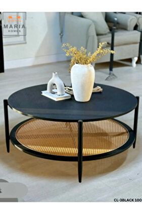 طاولة قهوة خشبية دائرية مع رف من الخيزران - تصميم أسود عصري لغرف المعيشة، 100 سم 45 سم