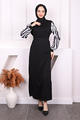 Black Long Length Zebra Patterned Hijab Dress