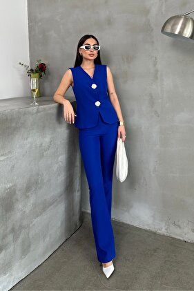 Stylish Button Detailed Women's Bottom Top Suit - Vest Pants Suit with Y Kit