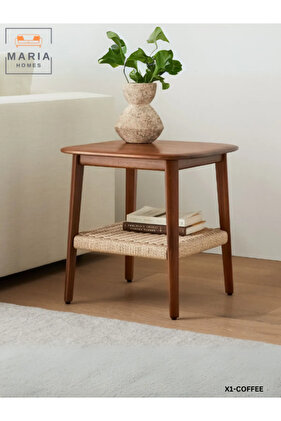 طاولة جانبية خشبية حديثة مع رف من الخيزران، تصميم مضغوط، 55×45×45 سم لغرف المعيشة