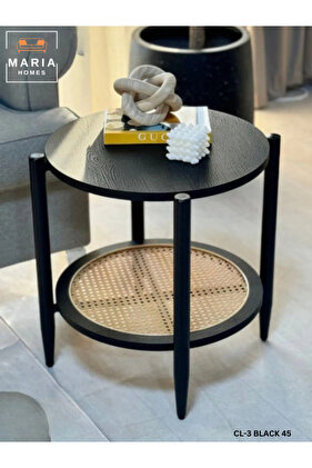 طاولة قهوة خشبية دائرية مع رف من الخيزران، تصميم أنيق ومدمج لغرف المعيشة 45 سم 55 سم