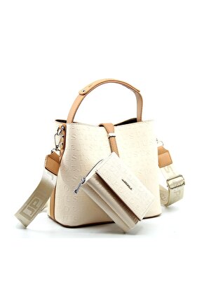 محفظة نسائية كريمية بتفاصيل قفل وحقيبة كتف Pbu4002-1004