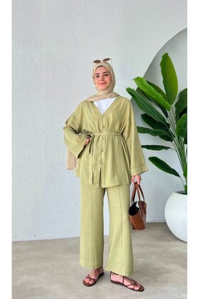 Khaki Multi-Button %100 Cotton Shirt and Pants Set - 8377