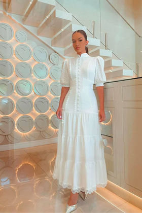 فستان نسائي بأكمام من الكتان والفوال والدانتيل NBEMP2677