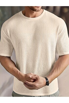 Pánské béžové tričko Robert Waffle Fabric Crew s krátkým rukávem