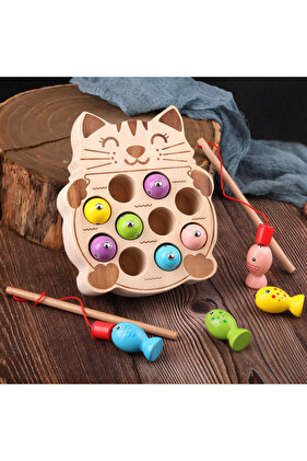 Ξύλινο παιχνίδι ψαρέματος με καλάμια και ψάρι, παιχνίδι δεξιοτήτων σε σχήμα γατακιού