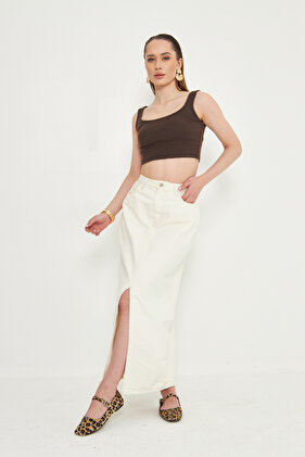 White Long Front Slit Sports Denim Skirt