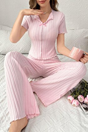 طقم بيجامة موسمية بفيونكة قطنية وردية