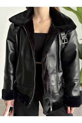 Black Light Biker Leather Coat with Fur Inside