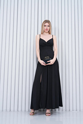 فستان سهرة طويل بفتحة رقبة مزدوجة الصدر