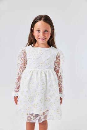 Hera - White Girl's Long Sleeve Dress with Daisy and Tulle Detail