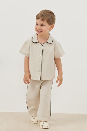 طقم كتان بيج - مضلع