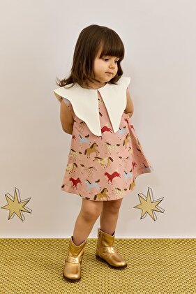 فستان منقوش على شكل حصان - وردي بياقة غير متماثلة