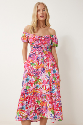 فستان نسائي صيفي محبوك باللون الوردي الداكن UB00330