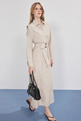 Beige Belt Buckle Detailed Woven Terrycotton Dress Tctss25Eb00134