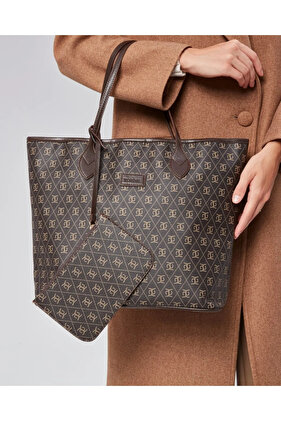 حقيبة كتف وحقيبة يد كبيرة الحجم منقوشة باللون البني - مبطنة بالجلد النباتي