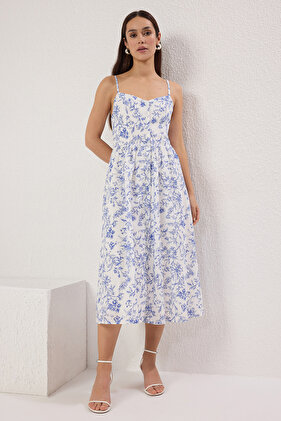 فستان منسوج متوسط ​​الطول مبطن على شكل حرف A باللون الأبيض TWOSS25EL00524