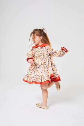 فستان بياقة أطفال بطبعة زهور مقرمشة باللون البرتقالي