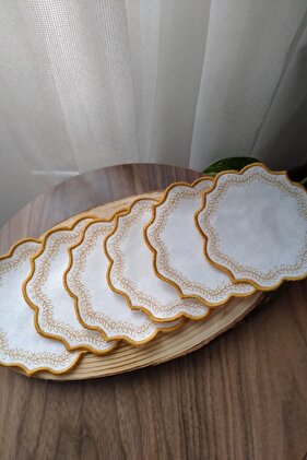 6 Adet Keten Kumaş Üzeri Nakışlı Kahve Yanı Kokteyl Peçetesi & Bardak Altlığı.