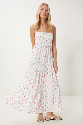 فستان نسائي محبوك مجعد صيفي بدون ظهر باللون الوردي والأبيض UB00334