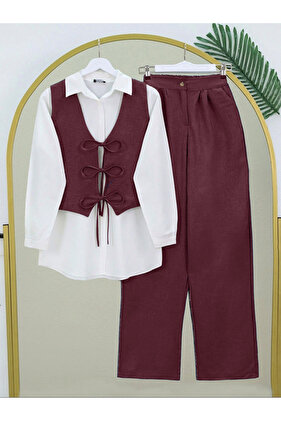 Double Linen Suit with Vest and Lace-Up Wide Leg Trousers - Burgundy