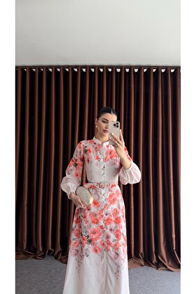 فستان بحزام منقوش باللون الوردي