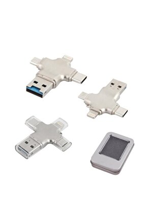 128 Gb Metal Usb Bellek 4 In 1 Usb Type-ce Ios Lightning Otg Hepsi Bir Arada Usb