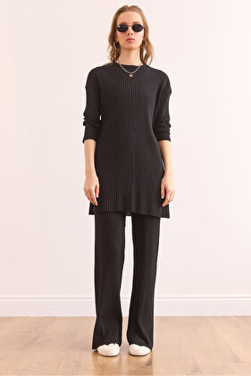 Women's Black Top Slit Blouse Bottom Palazzo Corded Suit TKM-19000180